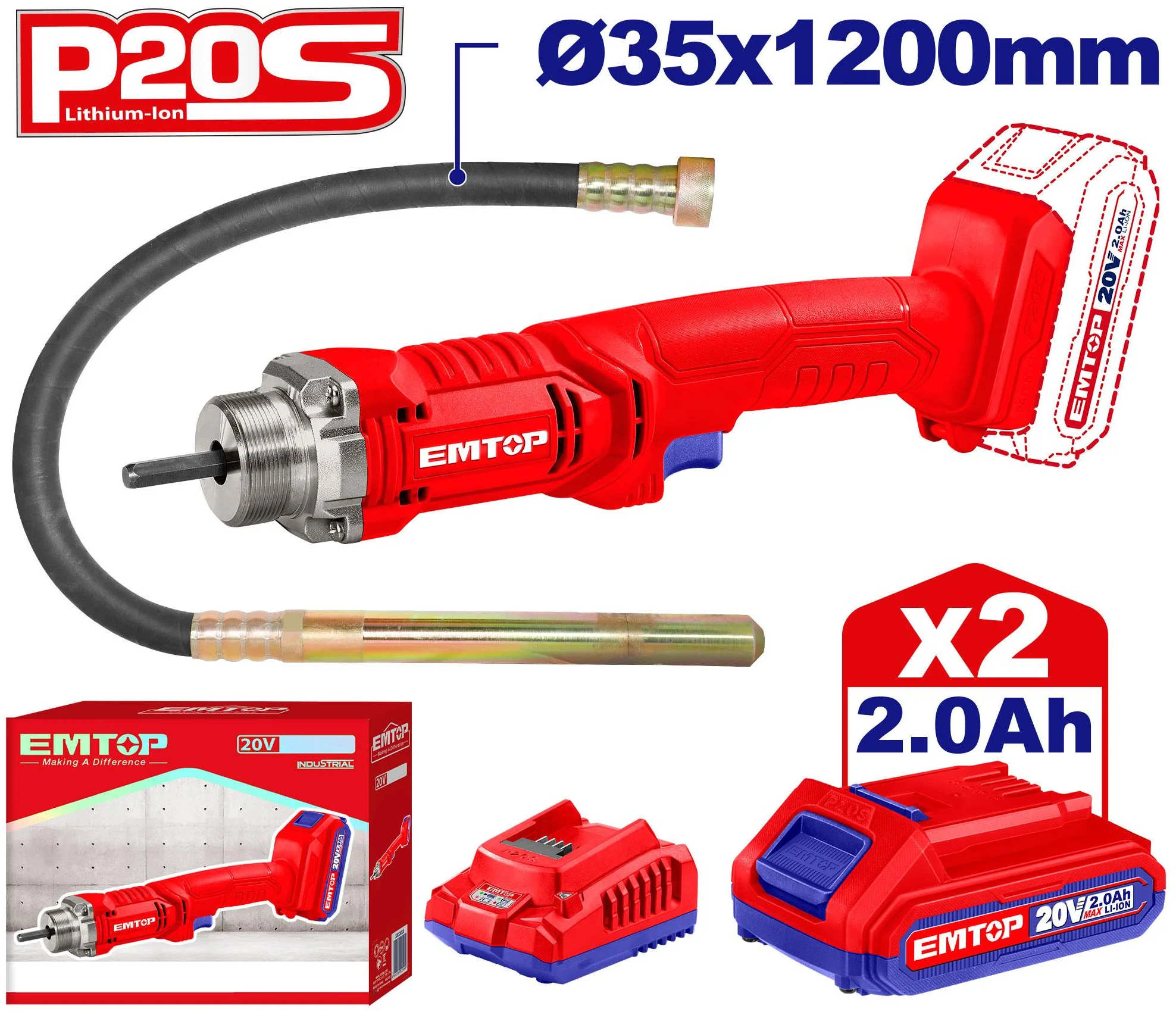 EMTOP Cordless Concrete Vibrator 20V 35 × 1200mm With Two 2.0Ah Batteries ECVL2023013