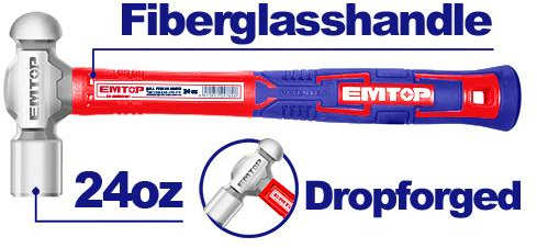 EMTOP Ball Peen Hammer 660g, Forged Steel Head, Fiberglass Handle EHAMBH2401