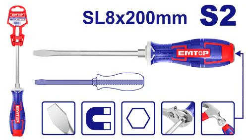 EMTOP Flat Screwdriver 200mm, Made Of Industrial S2 Steel EGTSSL8200