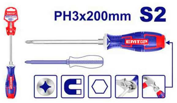 EMTOP Phillips Screwdriver 200mm PH3, Made Of High Quality S2 Steel EGTSPH3200