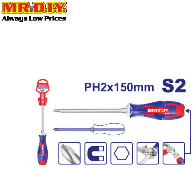 EMTOP Phillips Screwdriver 150mm PH2, Made Of High Quality S2 Steel EGTSPH2150