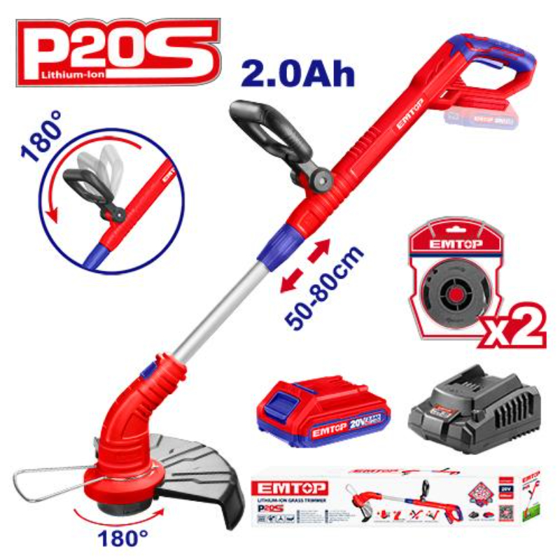 Emtop Cordless Grass Trimmer Voltage 20V, Cutting Diameter 300Mm, Line Dia 1.6Mm Twisted ELGT203011