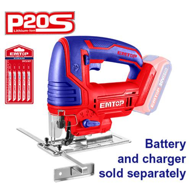 Emtop Cordless Jig Saw Voltage 20V No-Load Speed 2400Rpm Cutting Capacity Metal：8Mm Wood：80Mm ELGS208501