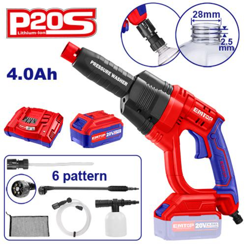 Emtop Cordless Pressure Washer Voltage 20V, Max Pressure 24.8Bar, Flow Rate 2.2L/Min ELPW202501