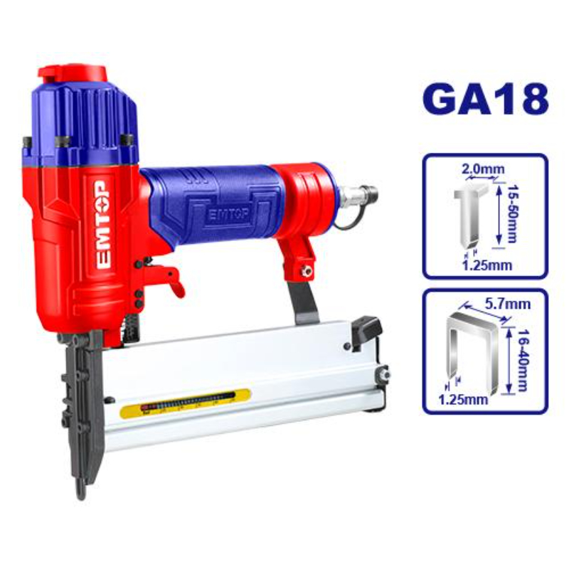 Emtop 2 In 1 Combo Brad Nailer Brad Size 15-50Mm Ga18,1.25X1.0Mmstaple Size 16-40Mmga18,1.25X1.0Mmstaple Crown 5.7Mm, Load Capacity 100Pcs, Operation Pressure 0.4-0.7Mpa(60-100Psi) ECBN504001