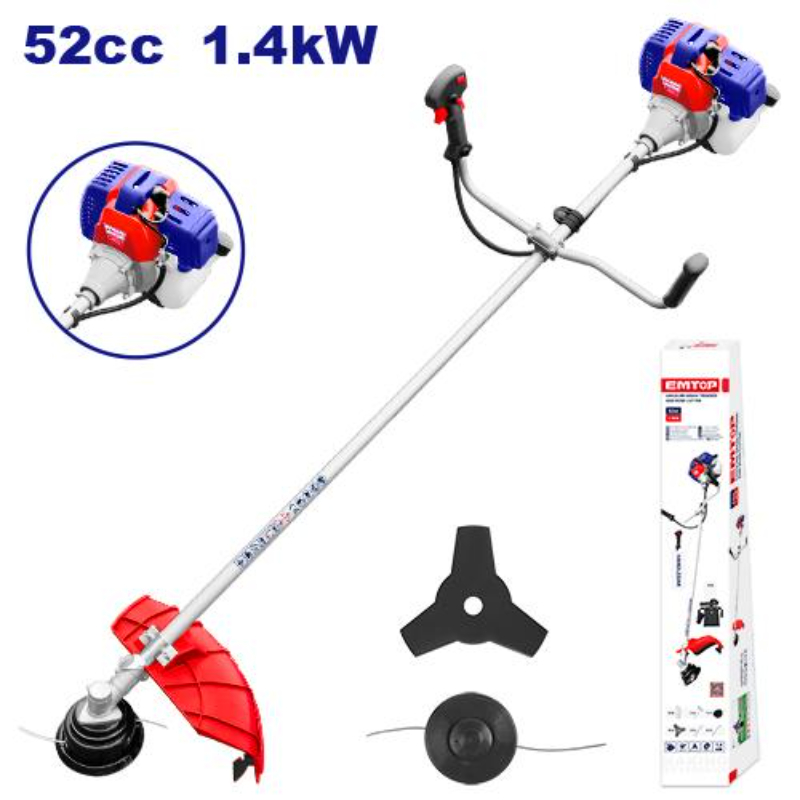 Emtop Gasoline Grass Trimmer And Brush Cutter Displacement 52Cc, Rated Power 1.4Kw, Max Speed：9000Rpm EGTC5212