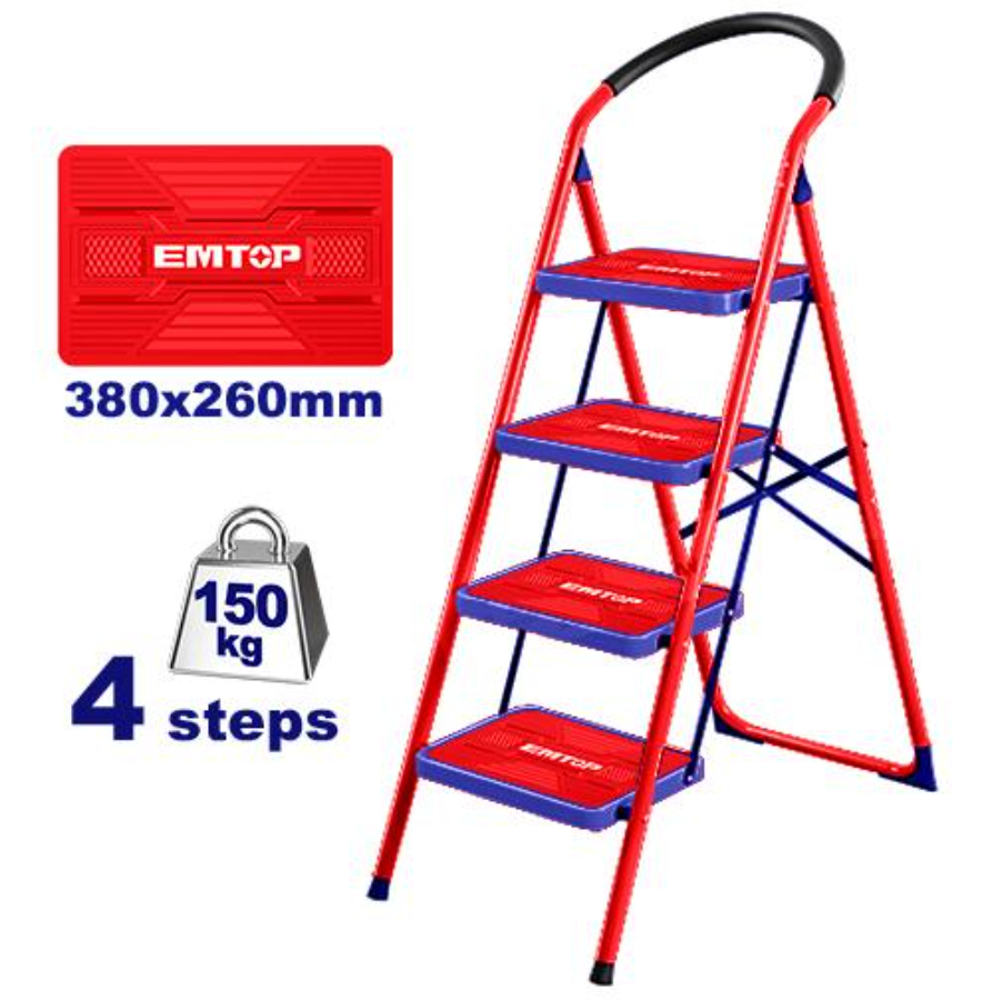 Emtop Steel Ladder Material Steel,4Steps, Step Size 380X260Mm, Open Size 830X490X1290Mm ESLR1041