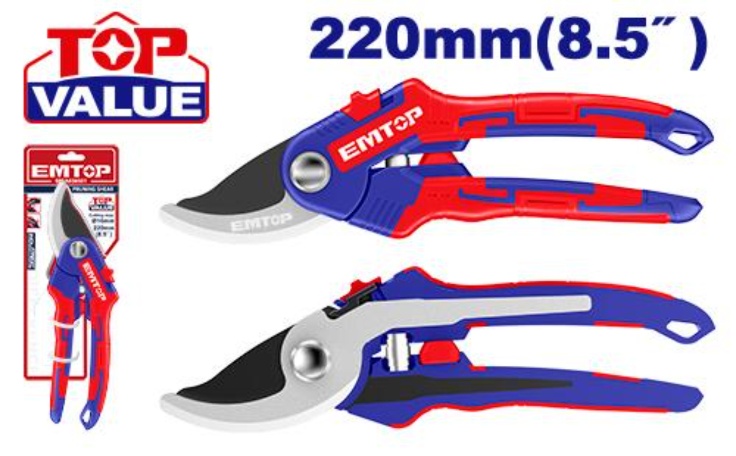 Emtop Pruning Shear Size 8.5Inches(220Mm), Sk5 Steel Blade, Packed By Blister Card EPSA038501