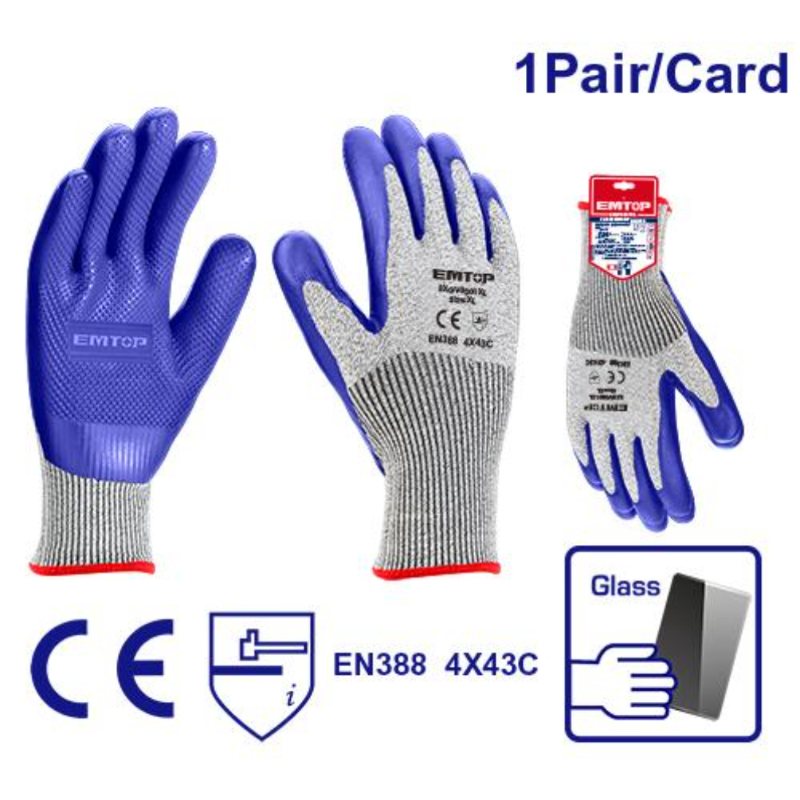 Emtop Cut-Resistant Gloves Size Xl, Latex Coated Palm, Packed By Poly Bag EXGV0301XL