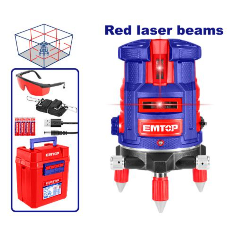 Emtop Self-Leveling Line Laser(Red Laser Beams) Working Range 0~30 M, Laser Type Red, 1 Horizontal Line4 Vertical Lines ESLE53001