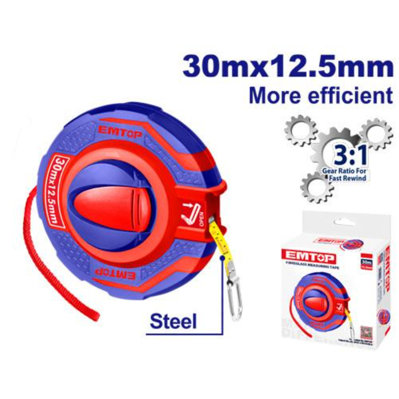 Emtop Steel Measuring Tape 3 1 Gear Ratio For Fast Rewind, Length & Width 30Mx12.5Mm, With Metric And Inch EMTP63001