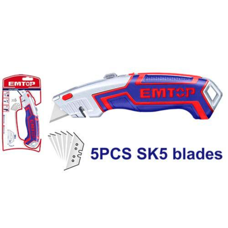 Emtop Utility Knife Size 180X45Mm Blade Size 61X19Mm, Sk5 Bladewith 5 Blades, Packed By Double Blister ESNKT6118