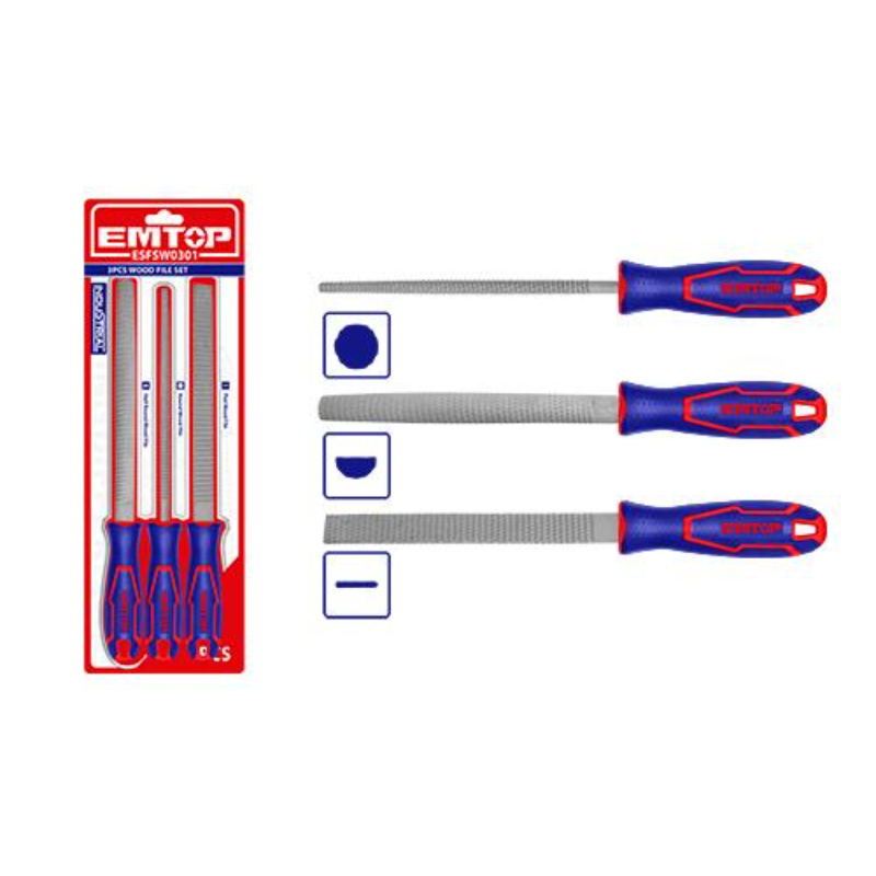 Emtop 3 Pcs Wood File Set Flat Wood File 1Pcshalf Round Wood File 1Pcsround Wood File 1Pcs, Length 8“/200Mm, Packed By Double Blister ESFSW0301