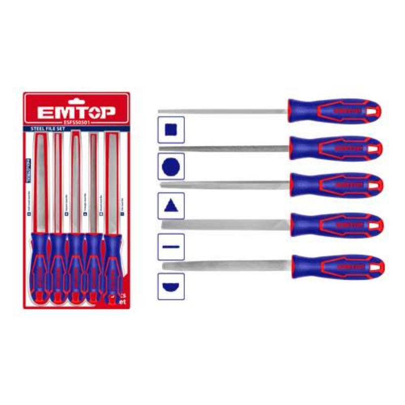 Emtop 5 Pcs Steel File Set Size 8“/200Mm, T12 Steel, Packed By Double Blister ESFSS0501