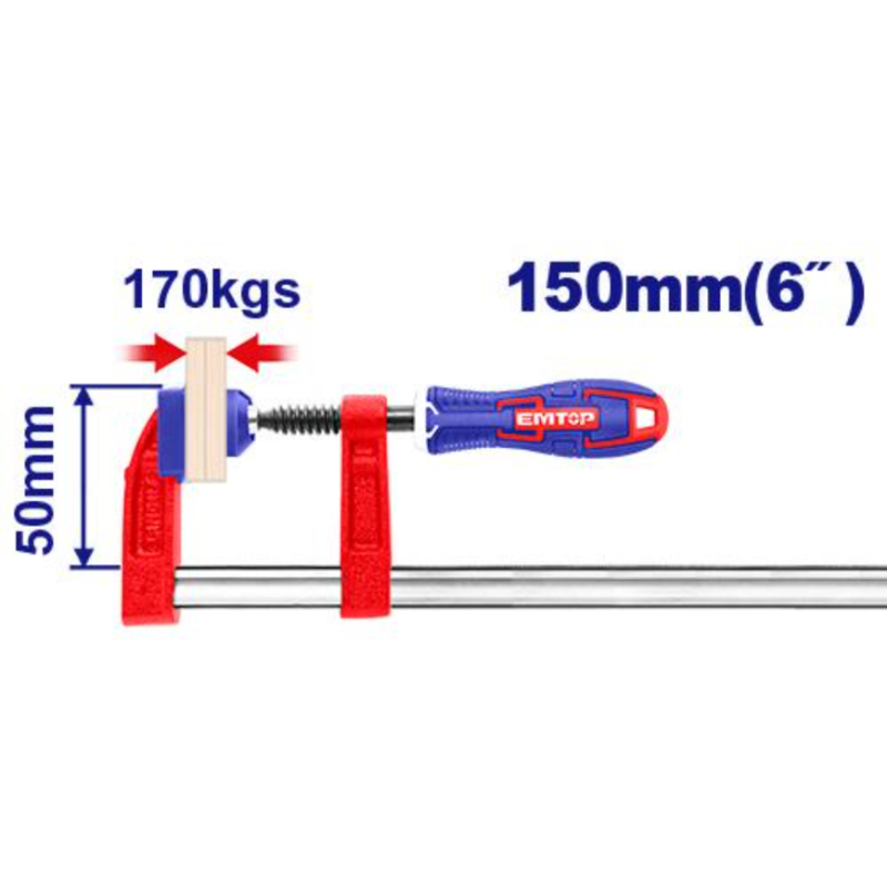 Emtop F Clamp With Plastic Handle Clamp Size 50X150Mm, Max Clamp Force 170Kgs, Packed By Paper Card ECLPF05101