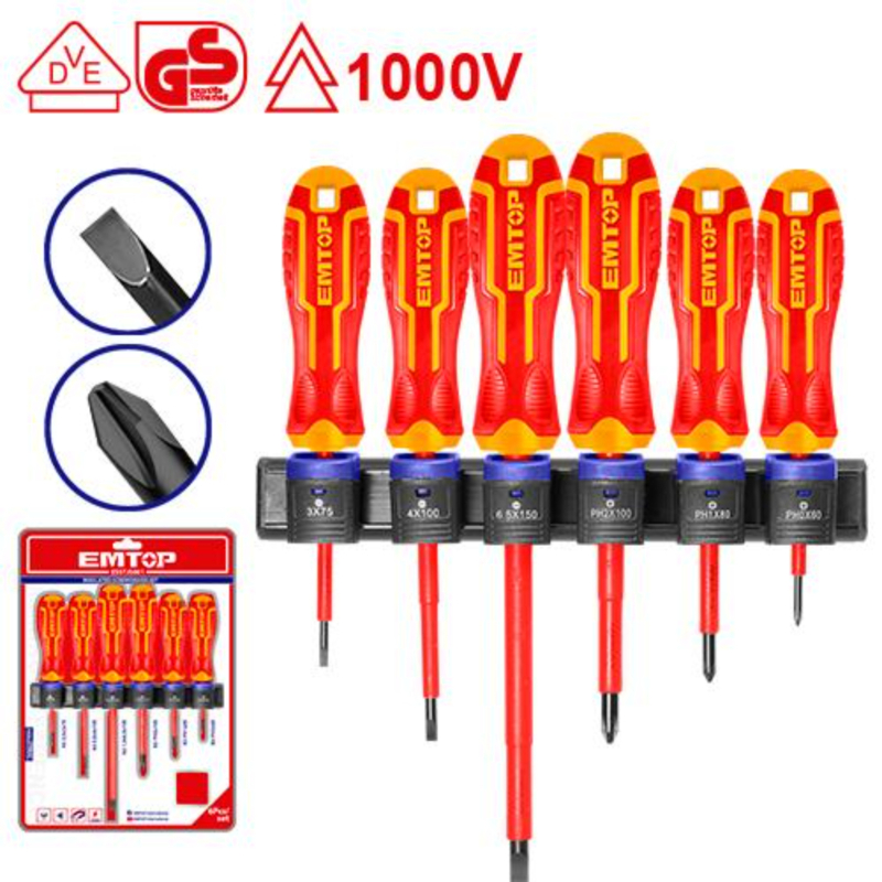 Emtop 6 Pcs Insulated Screwdriver Set 6 Pcs Insulated Screwdriver Set, Cr-V, Round Shank, 1000V,Vde Certification ESSTJS061