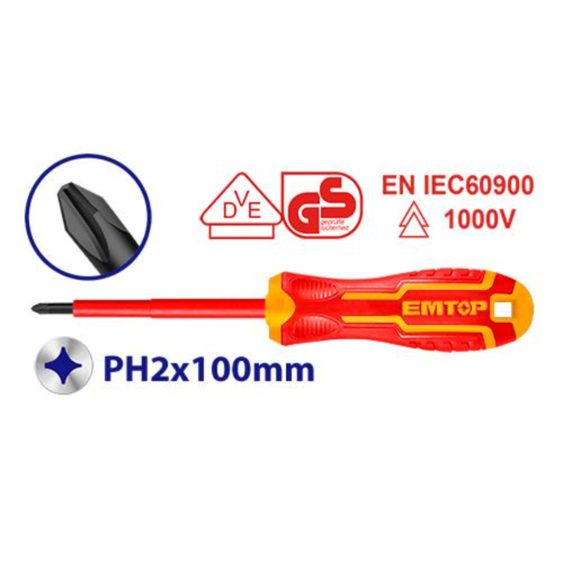 Emtop Insulated Screwdriver Ph2×100Mm, Cr-V, Round Shank, 1000V,Vde Certification ESDRJPH2100