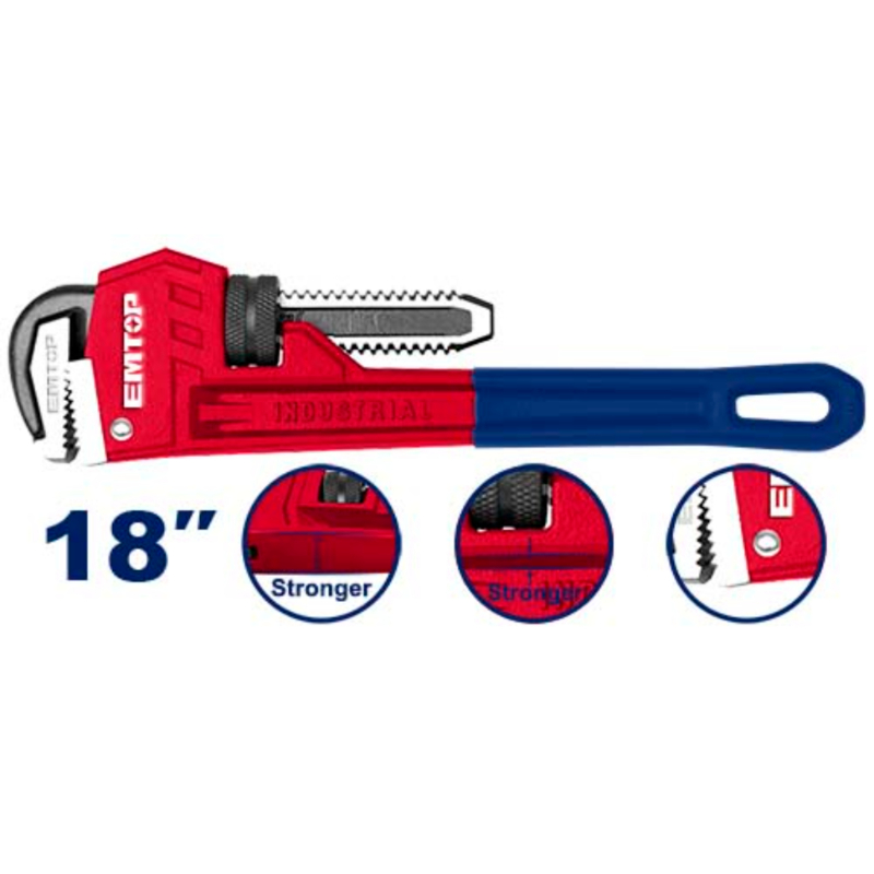 Emtop Adjustable Pipe Wrench Size 18Inches Max Clamping Diameter 60Mm Mobile Jaw Material Cr-Mo EPWH1801