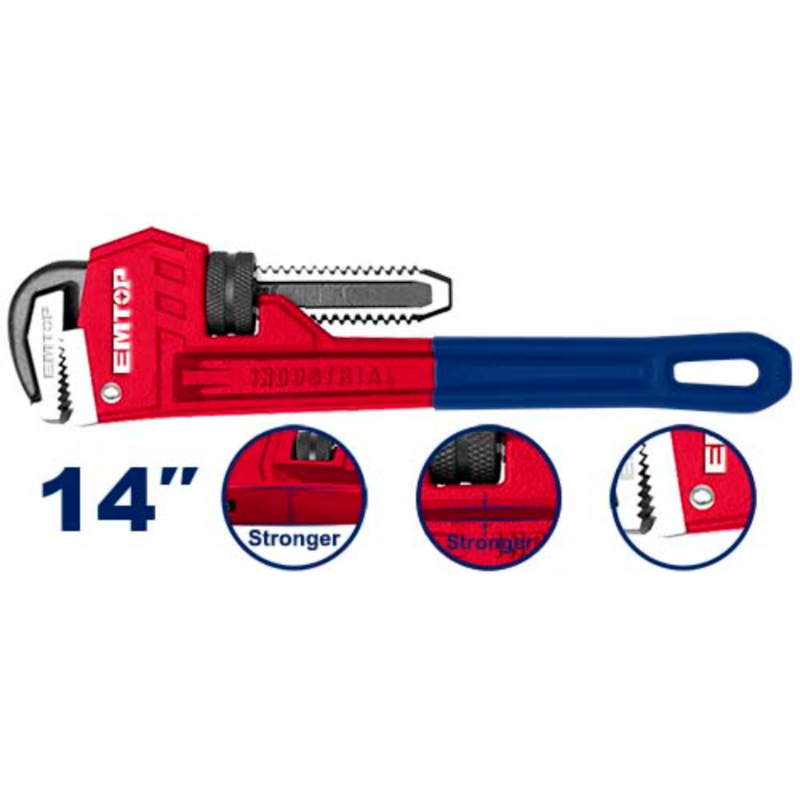 Emtop Adjustable Pipe Wrench Size 14 Max Clamping Diameter 50Mm Mobile Jaw Material Cr-Mo EPWH1401