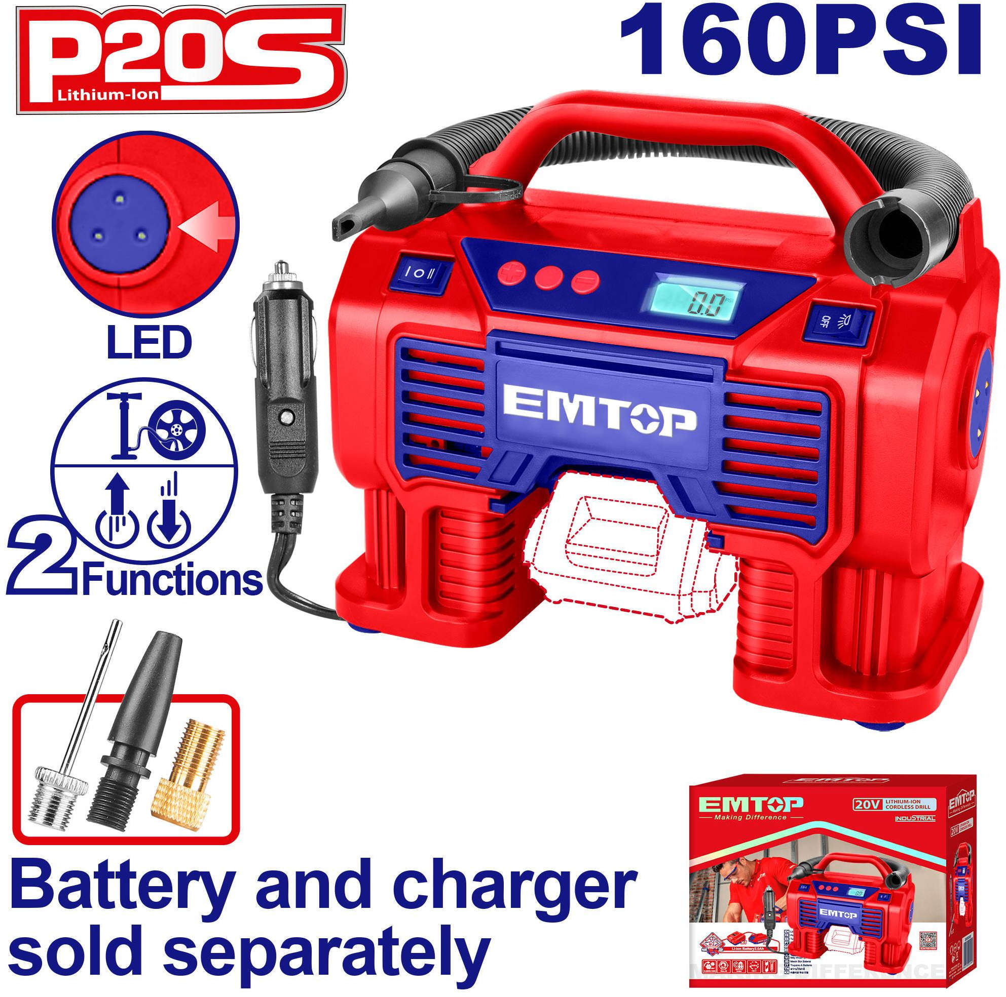 EMTOP Cordless Auto Air Compressor 20V 11Bar ELAC2002