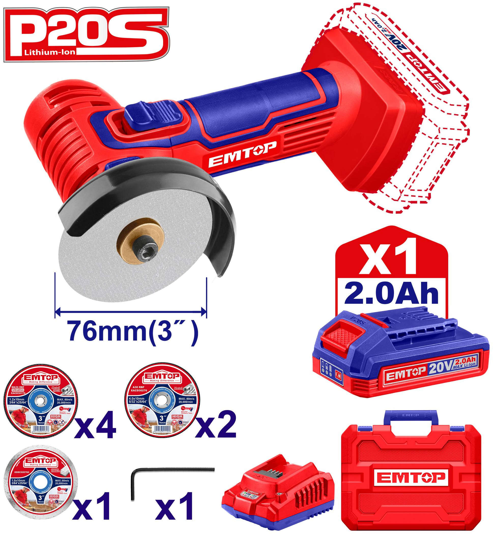 EMTOP Cordless Mini Cut-off Tool 20V 19500Rpm 76mm included 1 Battery and 1 Charger ELAG76017