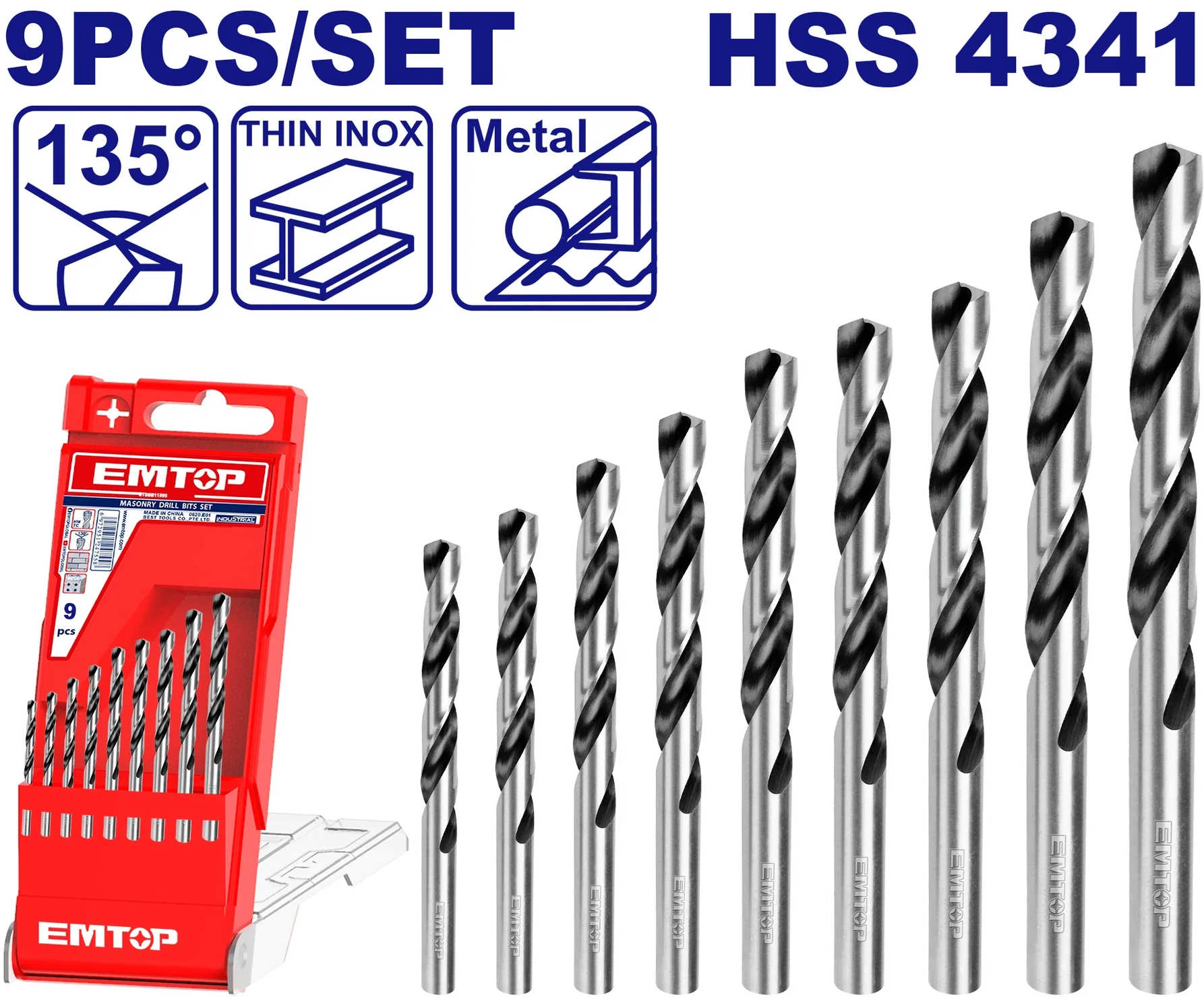 EMTOP Drill Bit Set 9Pcs 2-10mm ETDBB11095