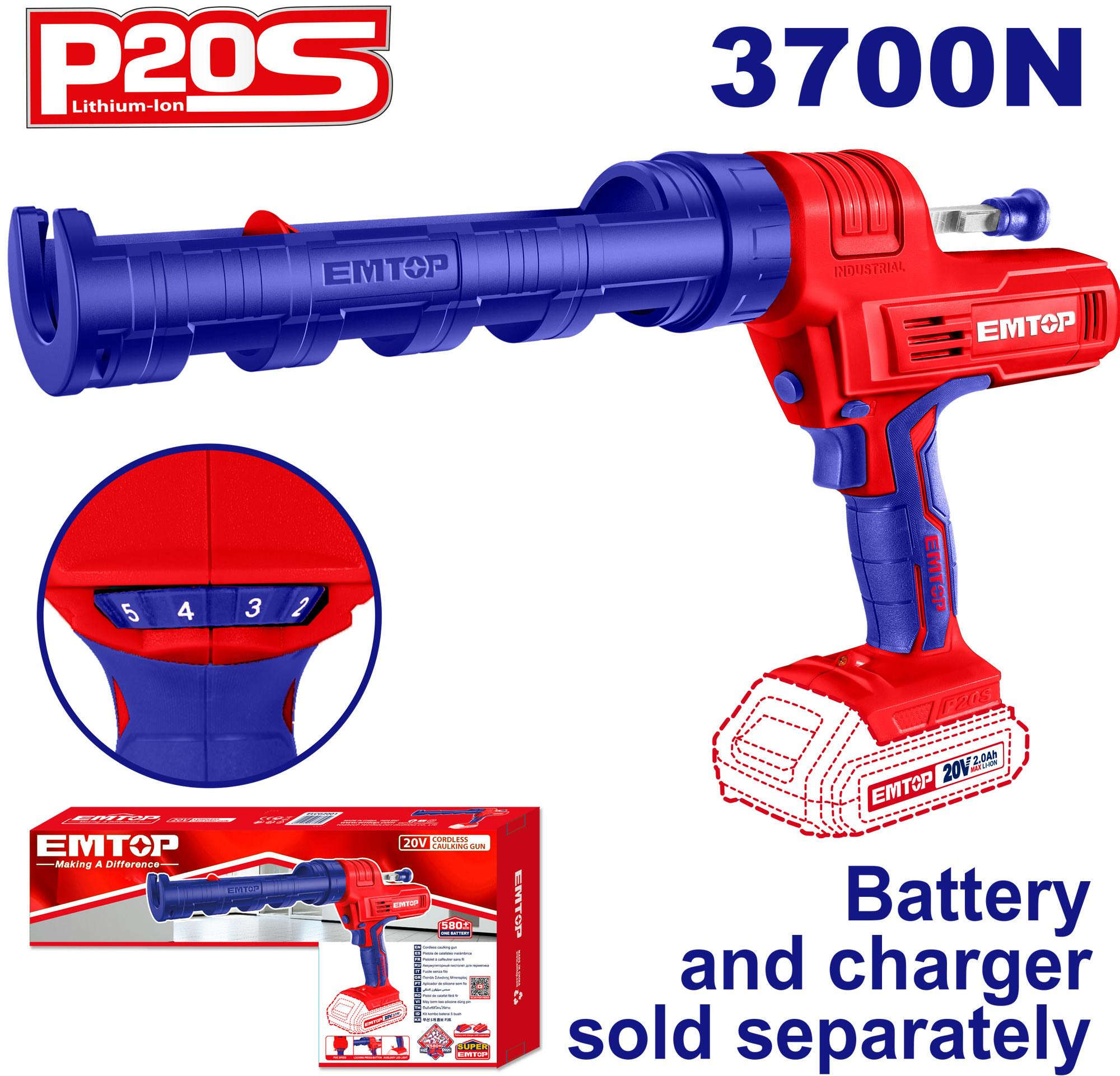 EMTOP Cordless Caulking Gun 20V 25.4cm ELCG2001
