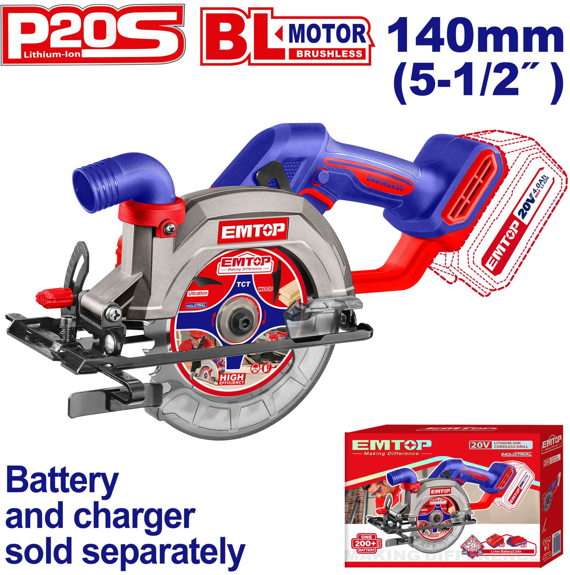 EMTOP Cordless Circular Saw 20V 6300Rpm 140mm ELCS1402