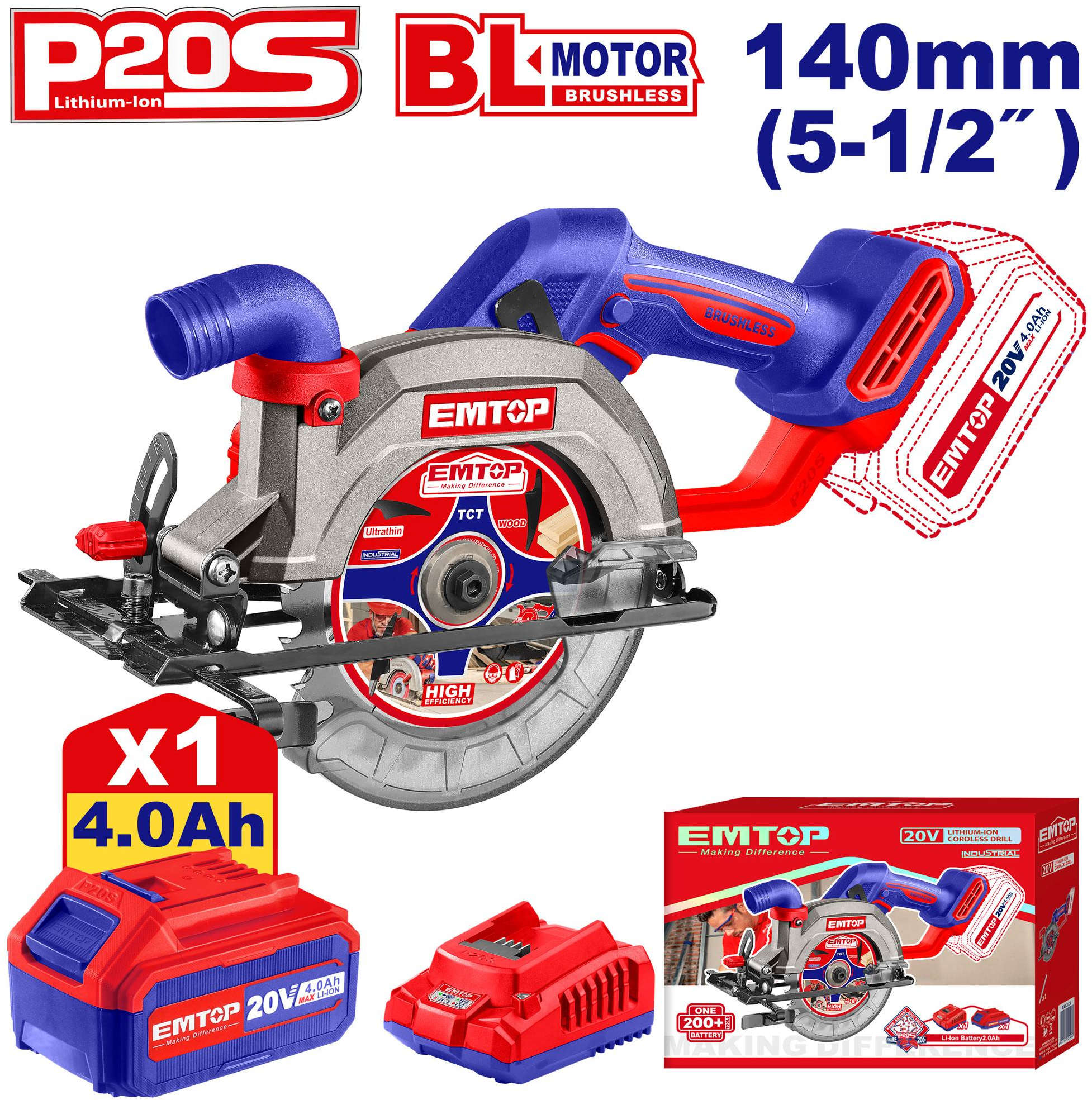 EMTOP Cordless Circular Saw 20V 6300Rpm 140mm Included 1 Battery and 1 Charger ELCS14021