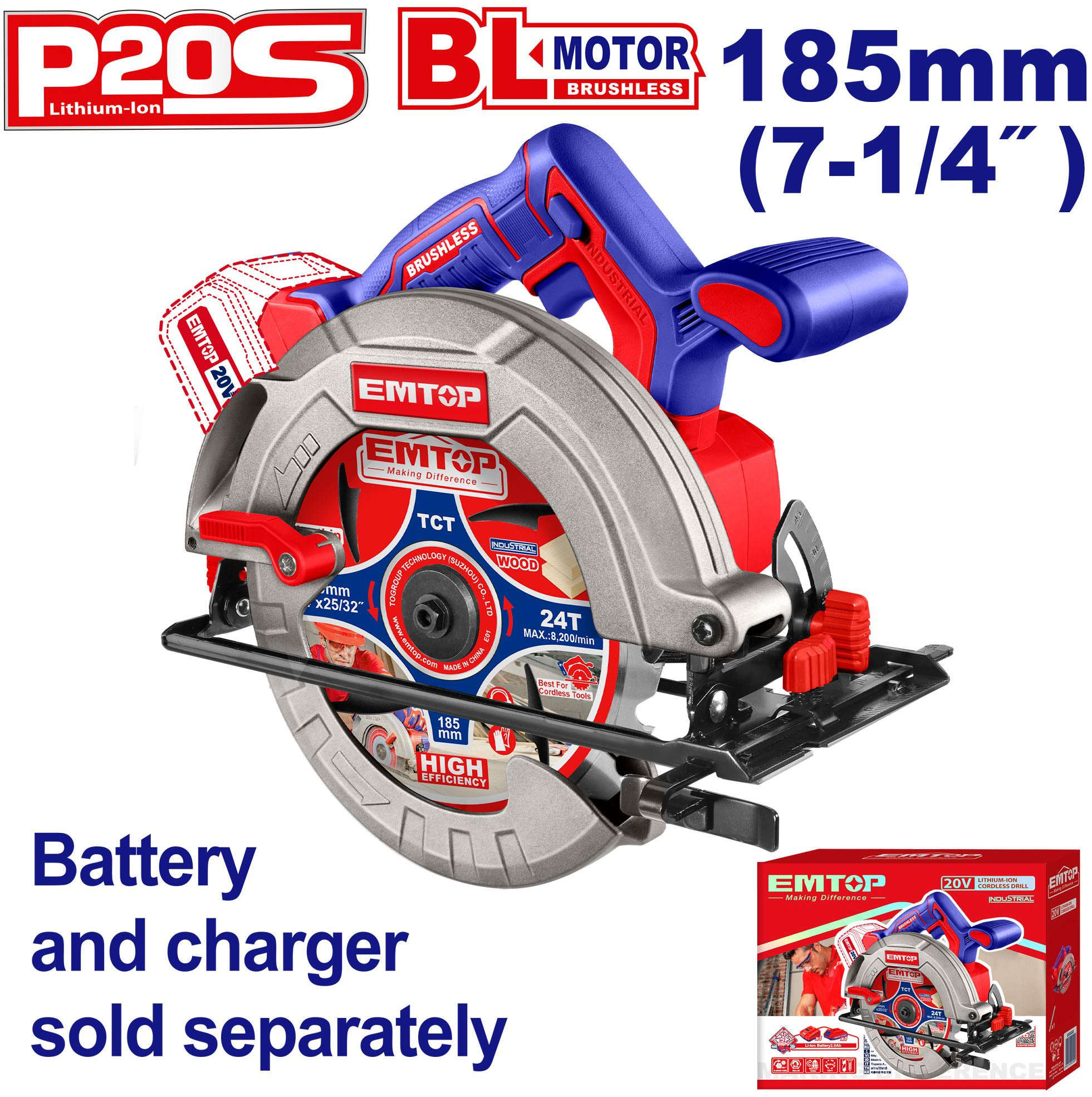 EMTOP Cordless Circular Saw 20V 4800Rpm 185mm ELCS1851