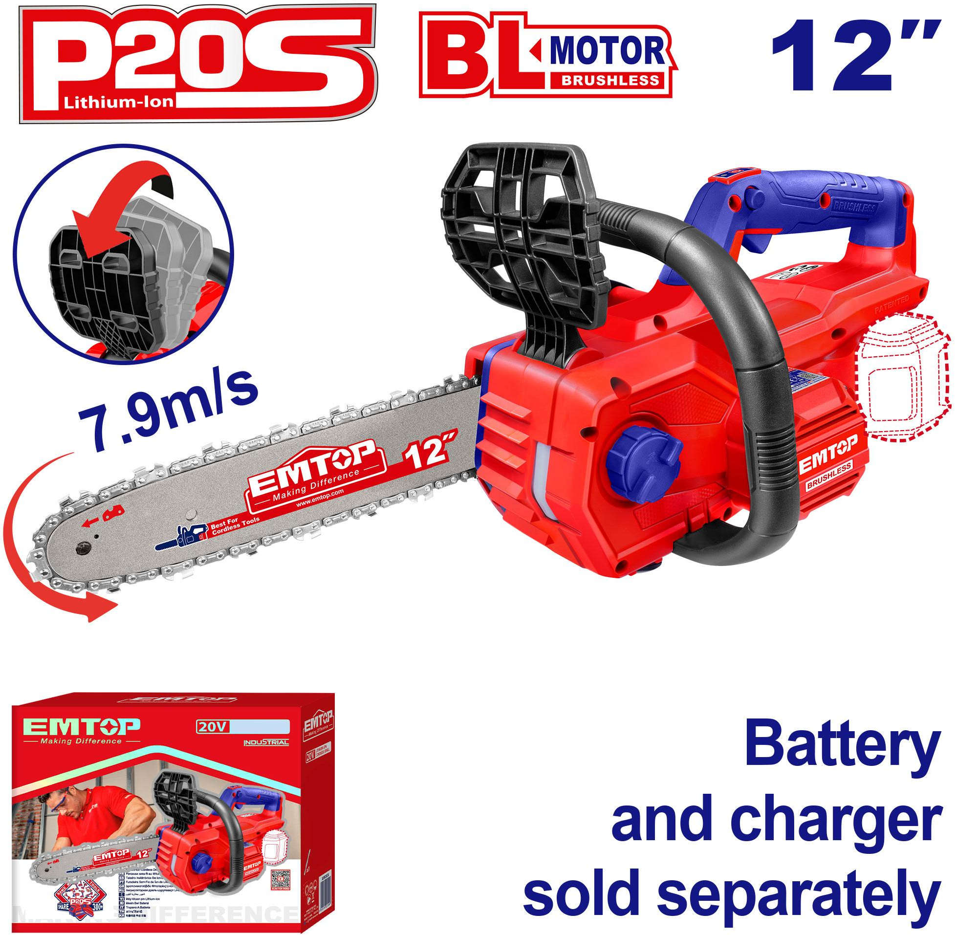 EMTOP Cordless Chain Saw 20V 30cm 12 inch 4500Rpm ELGA20128