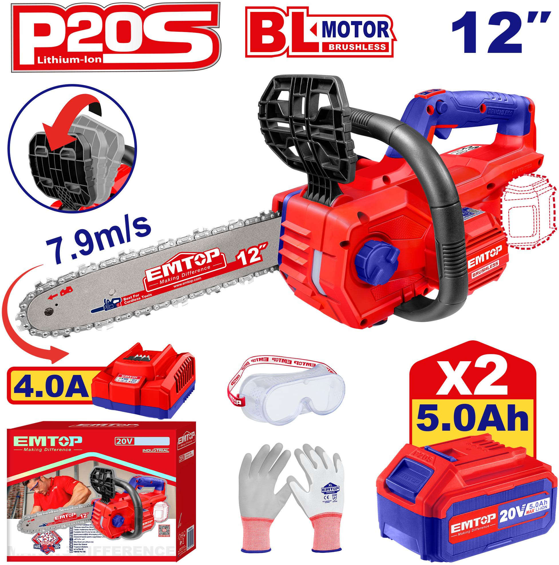 EMTOP Cordless Chain Saw 20V 30cm 12 inch 4500Rpm Included 2 Battries 5.0Ah and 1 Charger ELGA201286