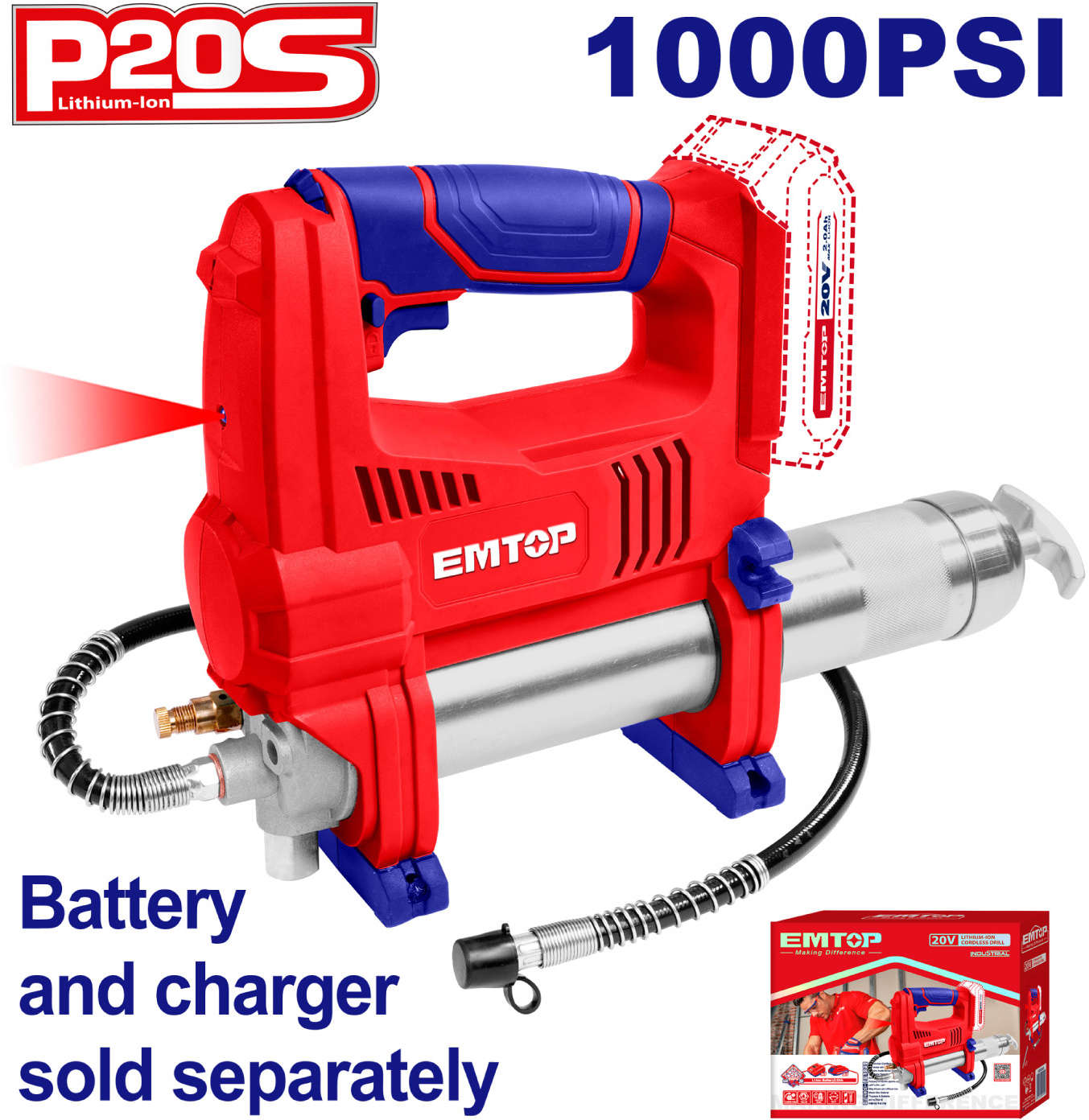 EMTOP Cordless Grease Gun 20V 453g 6.89Bar ELGR2001