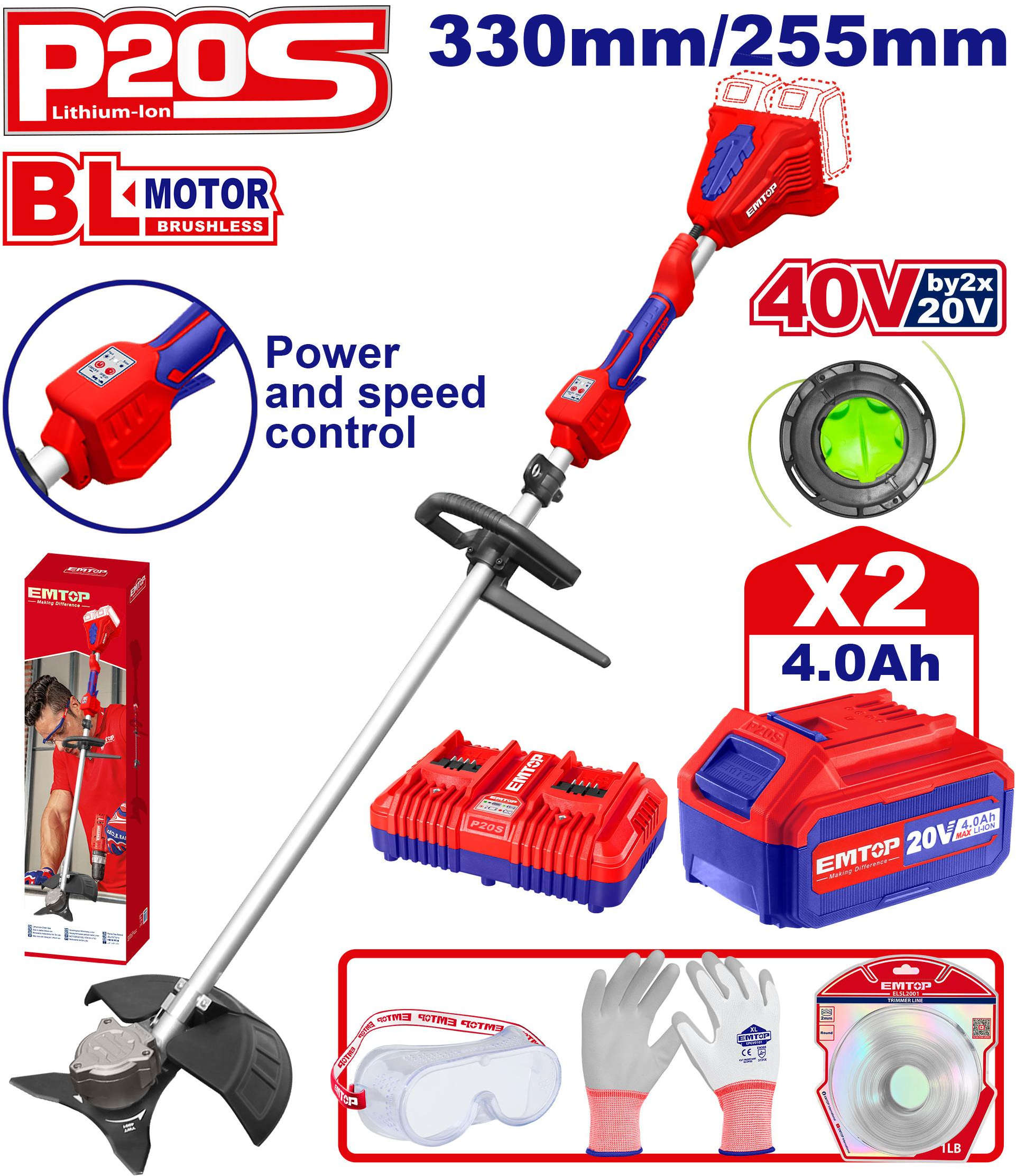 Emtop Cordless Trimmer 40V 6500Rpm 330mm ELMR20028