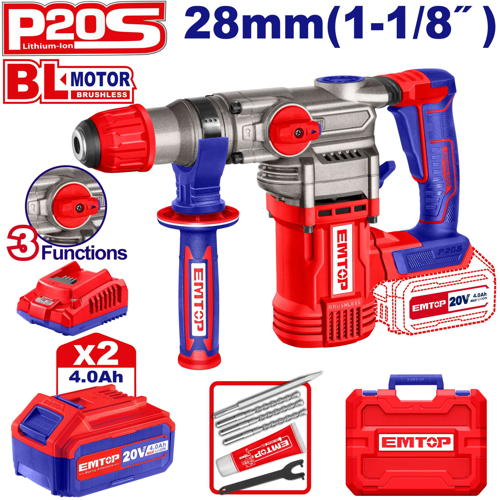 EMTOP Cordless Rotary Hammer Brushless 20V 28mm 930Rpm Included 2 Battries 4.0Ah and 1 Charger ELRH202882