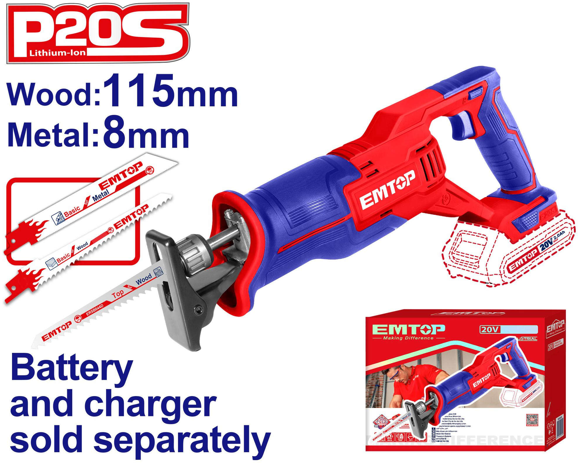 EMTOP Cordless reciprocating saw 20V 2800rpm ELRS201152