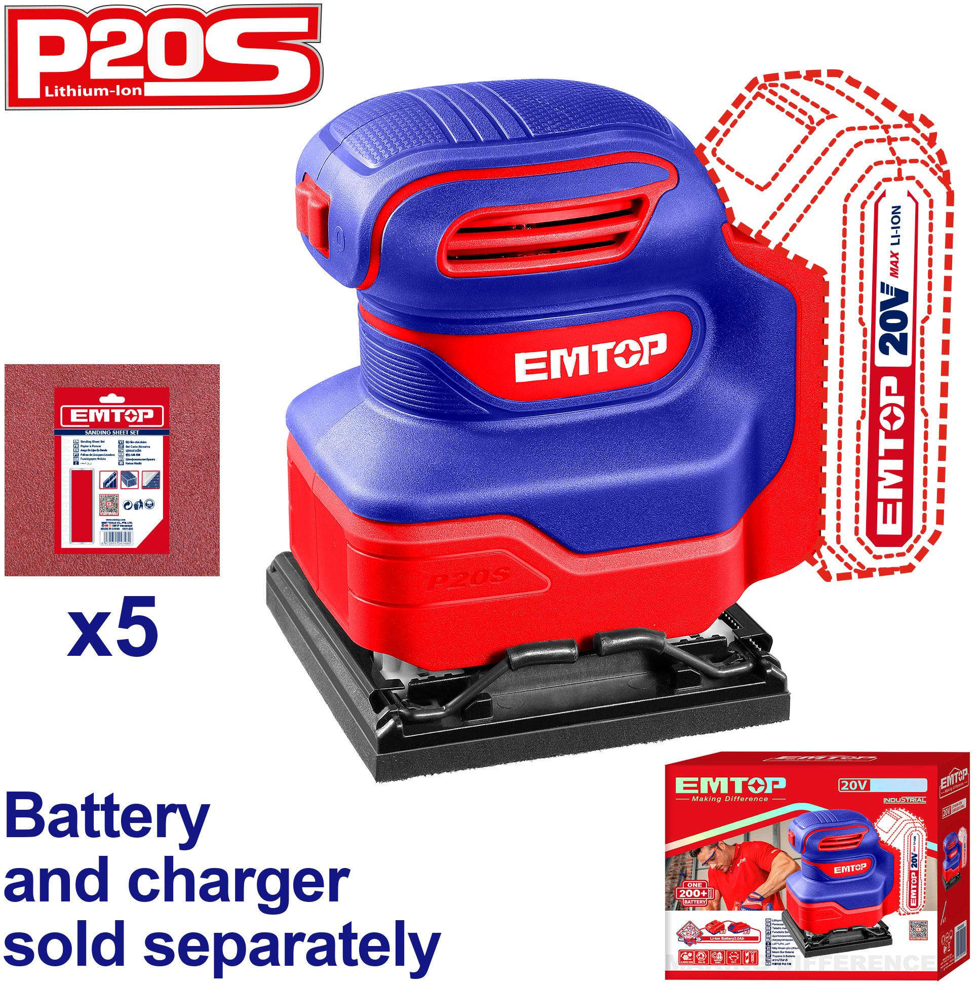 EMTOP Cordless Sheet Sander 20V 12000Rpm 110mmx100mm ELSHS2014