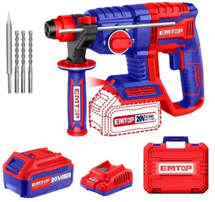 EMTOP Cordless Rotary Hammer Brushless 20V 22mm 1100Rpm included 1 Battery 4.0Ah and 1 Charger ELRH202081
