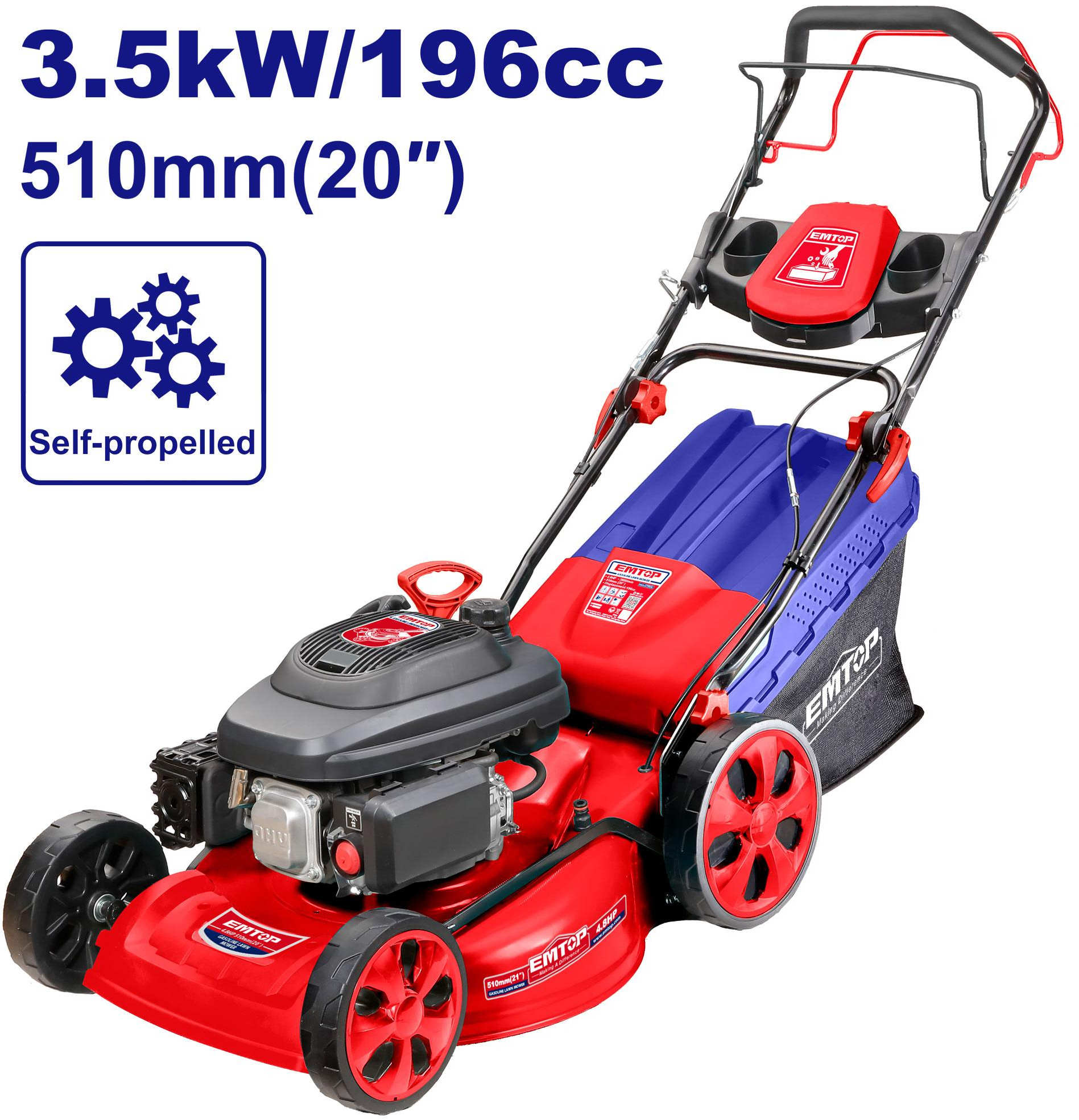 EMTOP Gasoline Lawn Mower 4.8HP, 7 Cutting Heights 28–80mm, Cutting Width 510mm, Grass Tank Capacity 60L EGLMM201962