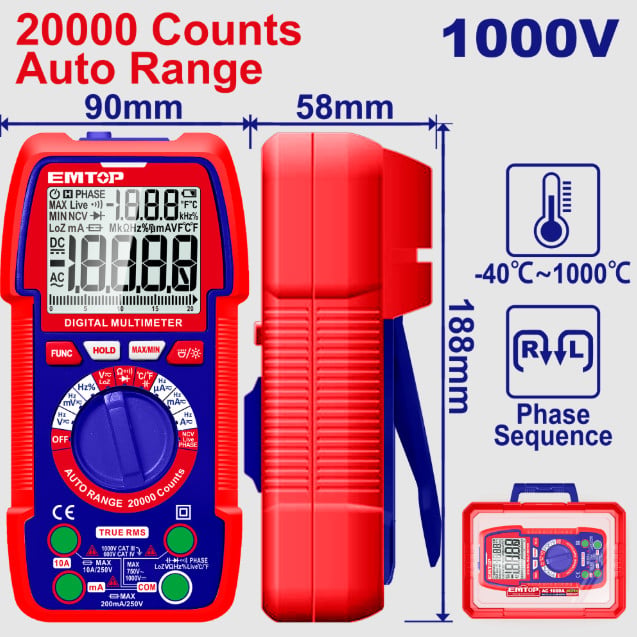 EMTOP Digital Multimeter 2000 Counts, 1000V EDMR5410003