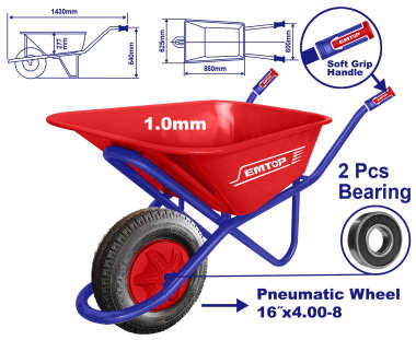 EMTOP Wheel Barrow with 90L capacity and max load 160kg EWWB418GP