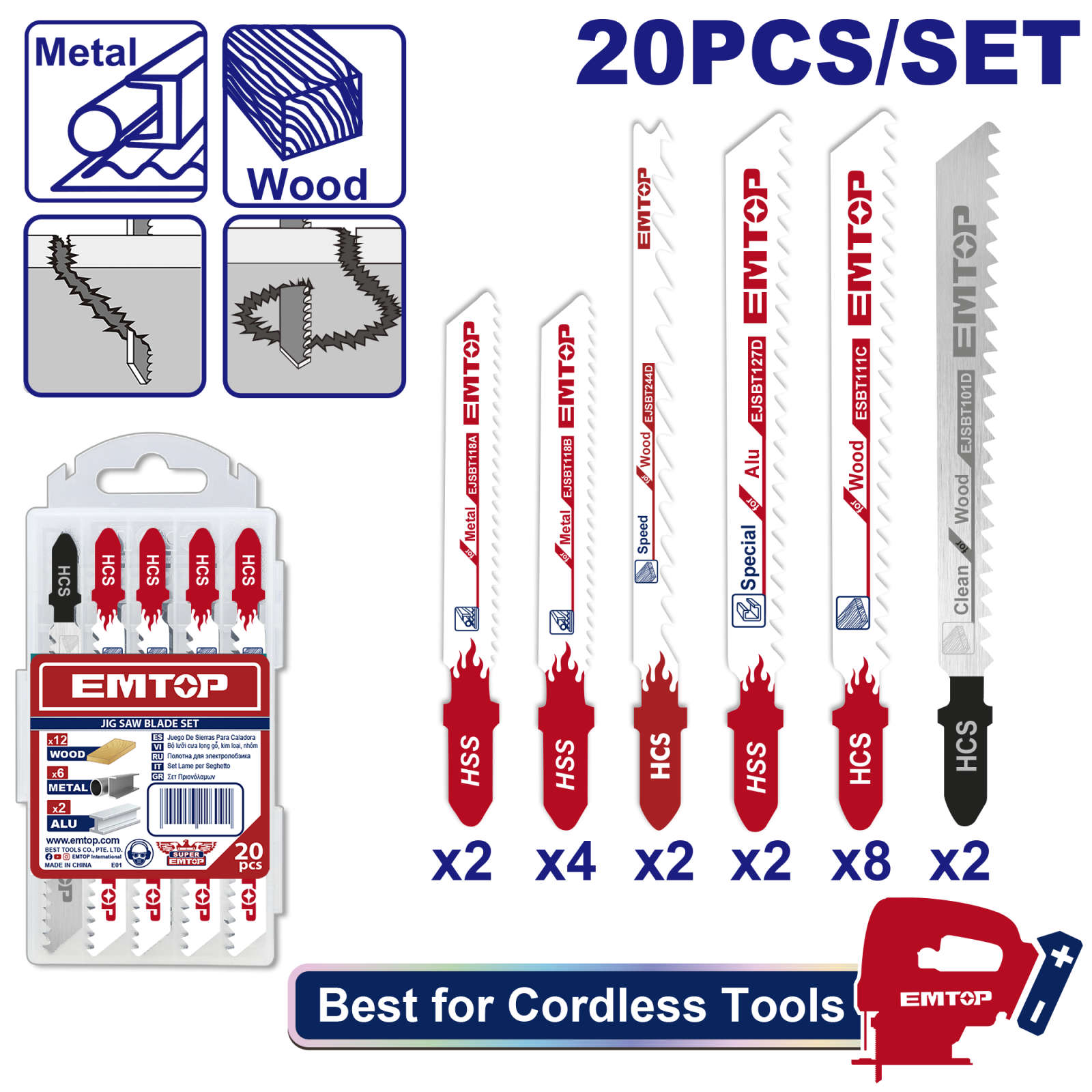EMTOP Jigsaw blade set, 20 pcs EJSBT2001