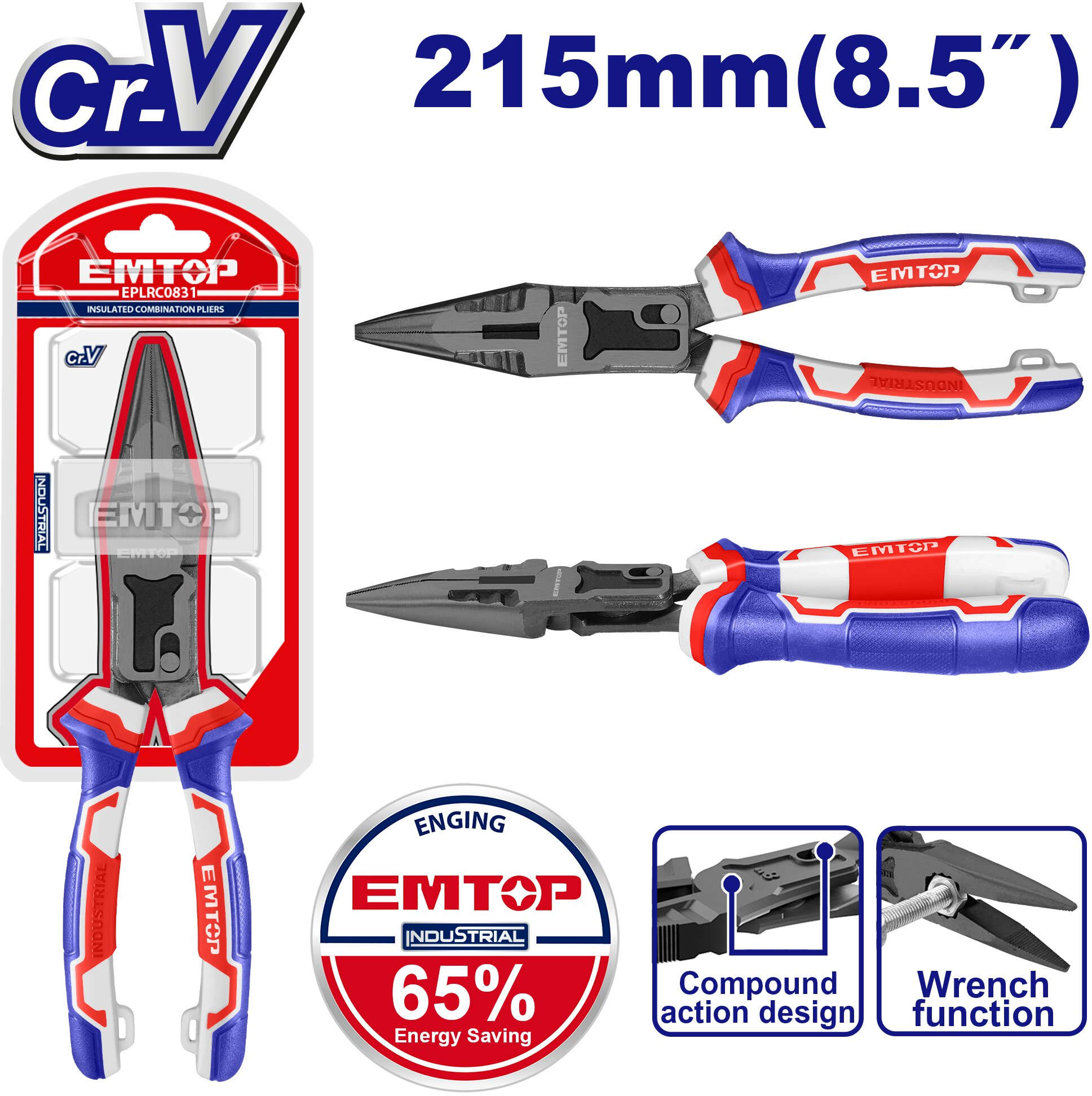 EMTOP Compound action long nose pliers 215mm EPLRCL0851