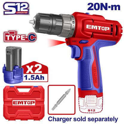 EMTOP Cordless Drill 12V 20 N/M 1500Rpm ECDL12206