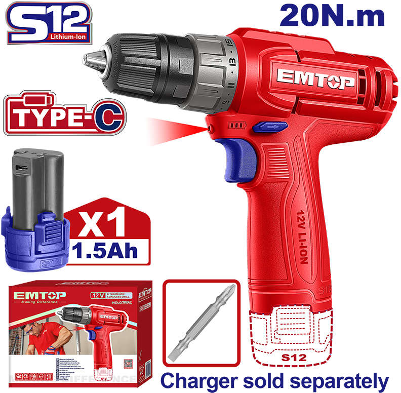 EMTOP Cordless Drill 12V 750 Rpm  1.5A 20Nm contain drill bits ECDL12456