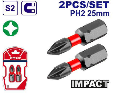 EMTOP steel Impact screwdriver Magnetic bits Set 2 Pcs S2 ESBTM5PH225