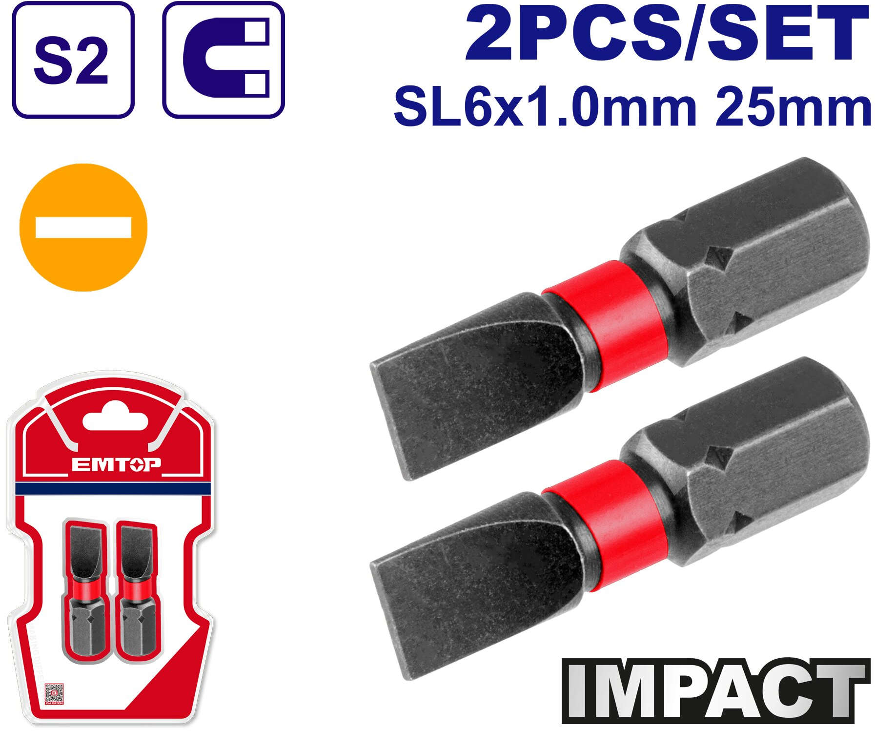 EMTOP Impact Screwdriver, Flat Head SL6x1 mm., Length 25 mm, Magnetic Tip 2pcs ESBTM5SL625