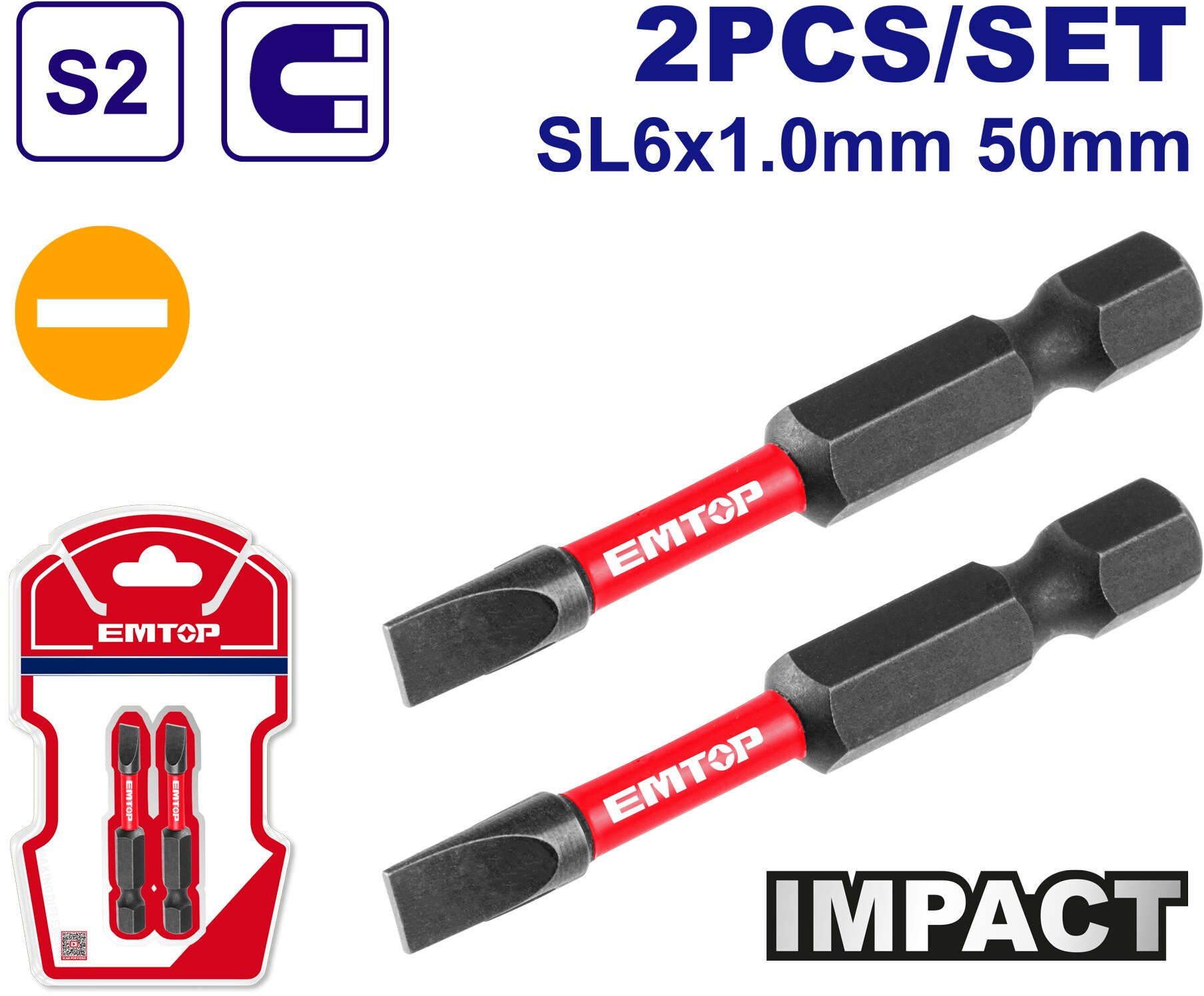 EMTOP Impact screwdriver bit Flat Head SL6*1.0mm,50mm 2pcs ESBTM5SL650