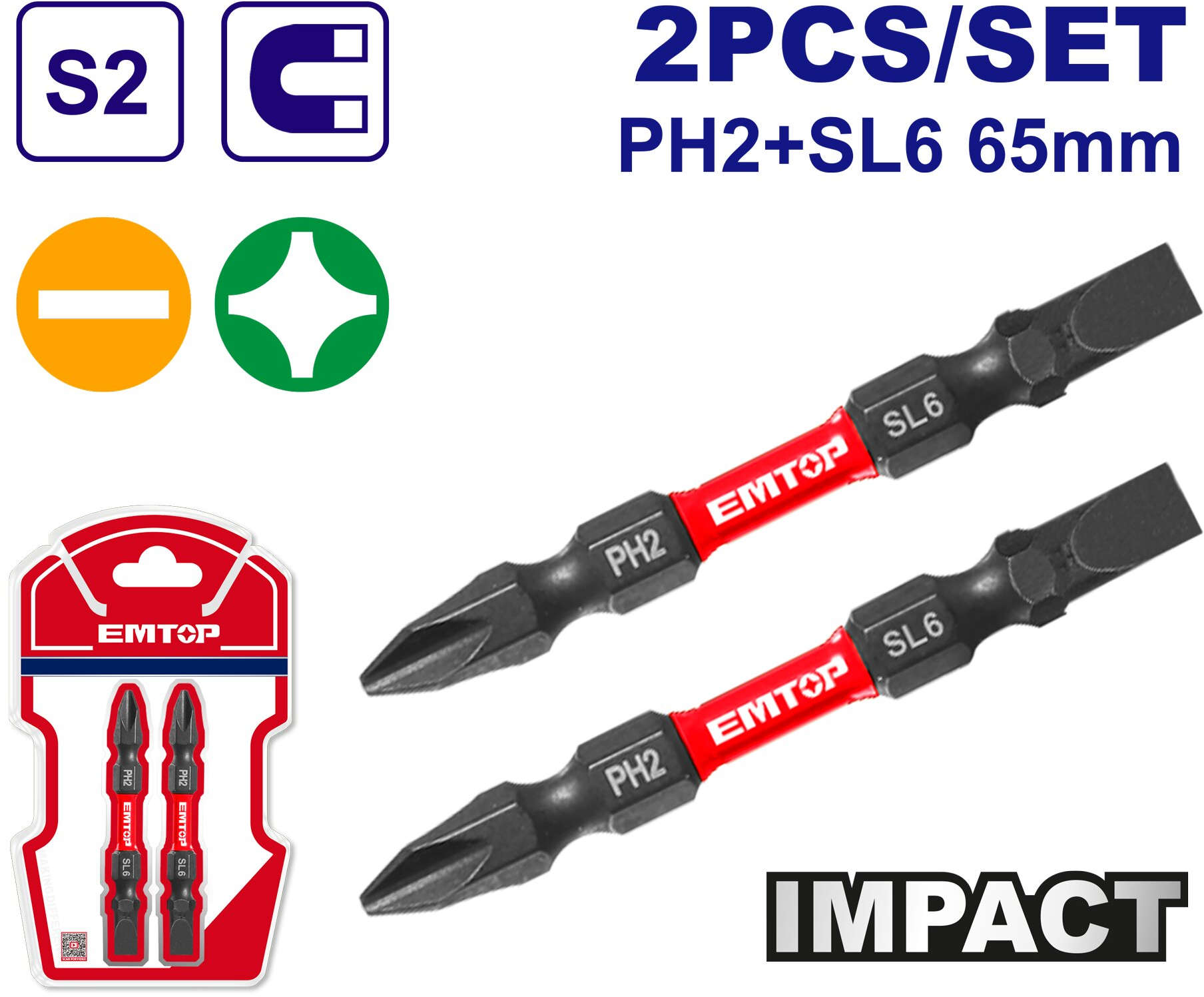 EMTOP 2-head impact screwdriver, Phillips head + flat head, 65 mm, magnetic tip 2 pieces set ESBTM7HL665