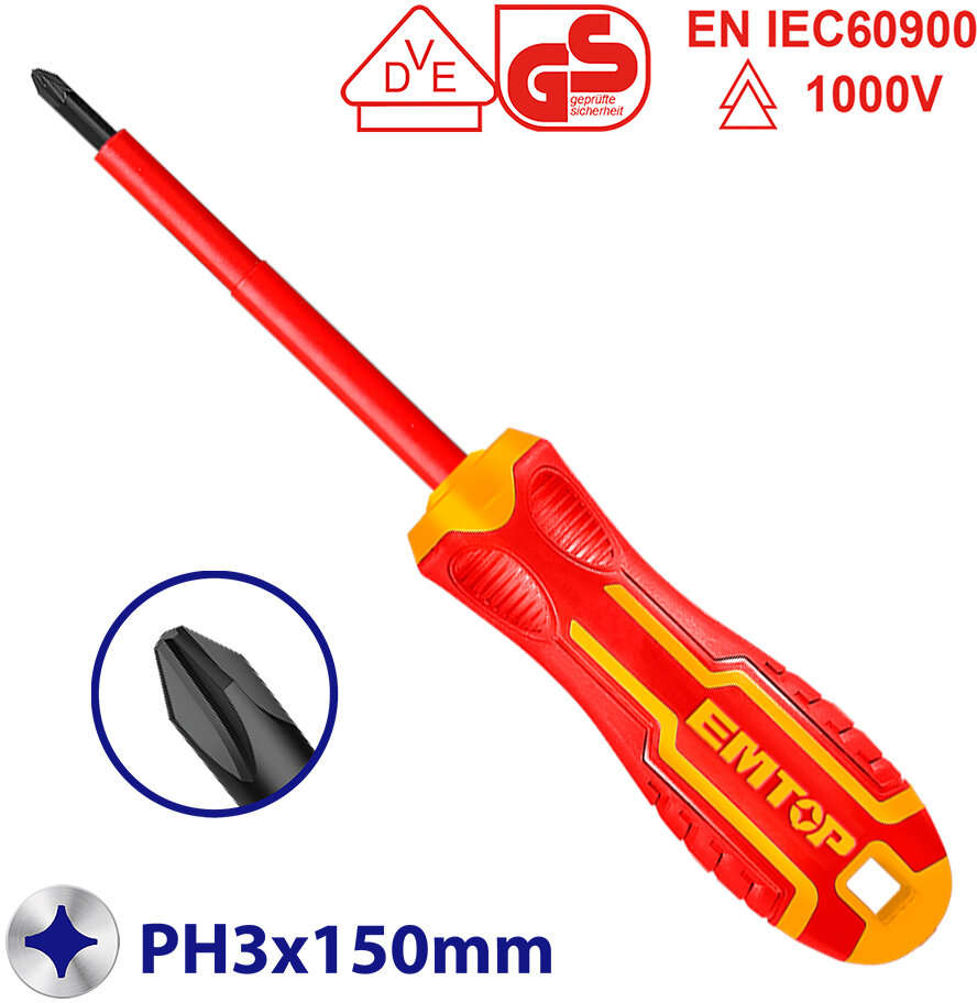 EMTOP Phillips screwdriver, VDE insulated, 1000V, 6-inches PH3x150 mm ESDRJPH3150